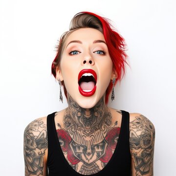 A cute red-haired woman in a black T-shirt and tattoo has her mouth open and looks at the camera. AI generated.