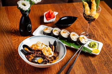 sushi and wine on the table