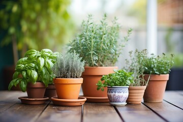 Fototapeta na wymiar fresh herb plants in small terracotta pots