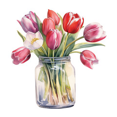 Bouquet of tulip flowers in a clear jar watercolor illustration clipart isolate on transparent background - obrazy, fototapety, plakaty