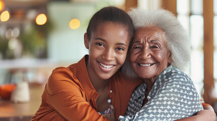 Young woman and an elderly woman closely posing together, smiling warmly, giving a sense of family, affection, and generational connection.
