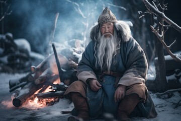 Bearded mongolian elderly. Man with winter coat sitting bonfire and warming. Generate AI