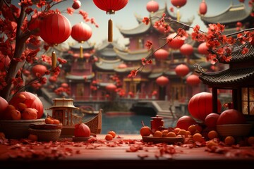 Fototapeta na wymiar Vibrant Chinese New Year Market, on an isolated Market Buzz Red background, Generative AI
