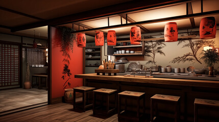 japanese restaurant, well decorated interior with counter sectio - obrazy, fototapety, plakaty