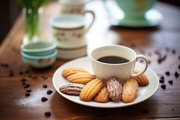 madeleines with chocolate chips served with a cup of coffee - obrazy, fototapety, plakaty