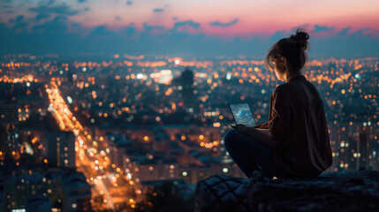 Fototapeta na wymiar Woman using a laptop on a high rooftop with a backdrop of a densely populated cityscape at night, illuminated by countless lights.