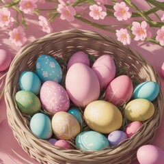 Obraz na płótnie Canvas Easter eggs in a basket with pink flowers on a pink background. Happy Easter Concept for Design, Postcard, Banner. Ai generative.