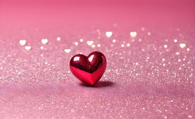Obraz premium A small red heart on a sparkling soft pink background. Generative AI