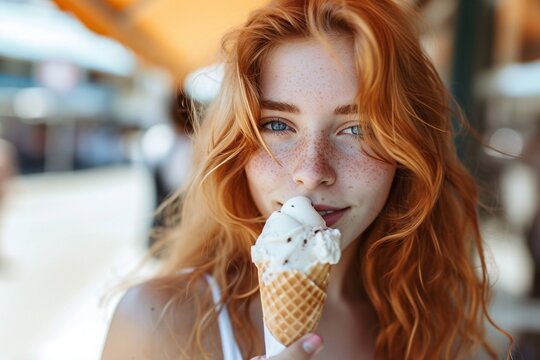 Close up image of red hair woman eating her favorite tasty cone ice-cream, wearing white clothes and accessory, Portrait