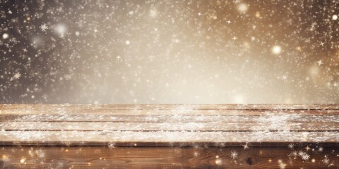 Old wooden table covered in fresh snow with glitter background.