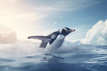 Penguin sliding on icy water. Antarctica polar cute marine bird. Generate ai