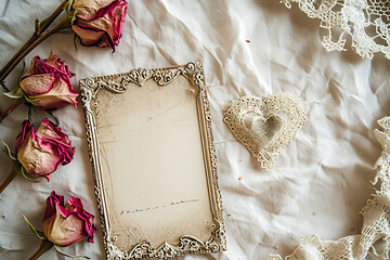 Vintage Valentine's Card with Dried Roses, Lace Heart on Linen, Nostalgic Love Note