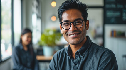 Сheerful man smiling confidently with a blurred office background. - obrazy, fototapety, plakaty