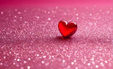Fototapeta premium A small red heart on a sparkling soft pink background. Generative AI