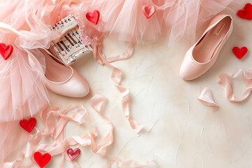 Ballet Shoes and Tutu with Music Sheet and Hearts, Dance of Love, Romantic Ballet Setting
