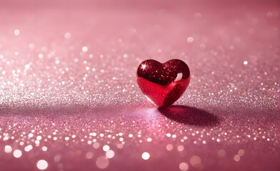 Fototapeta premium A small red heart on a sparkling soft pink background. Generative AI