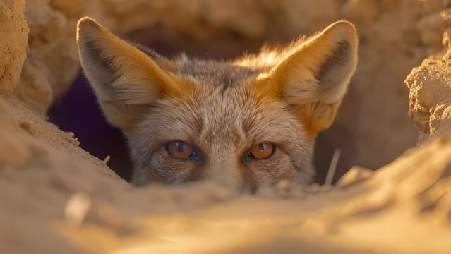 Closeup of a desert foxs piercing golden eyes peeking out from a burrow it has hastily dug to protect itself from the sandstorm raging outside