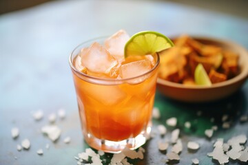 close-up of ice cubes and lime slices in a michelada