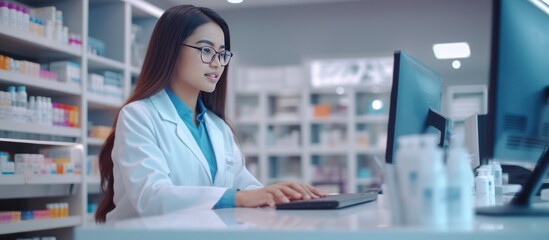 The pharmacist in front of the computer is checking the medicine stock list