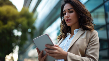 Professional woman in an office environment, holding a digital tablet