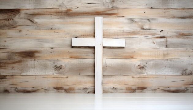 Natural wooden cross on aged bright wood table background, palm sunday greetings picture