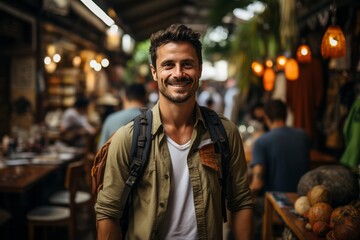 Fototapeta premium Business traveler exploring a vibrant foreign market during their free time between meetings, Generative AI