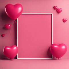Pink Heart balloon levitated, floating on red background with empty poster.
