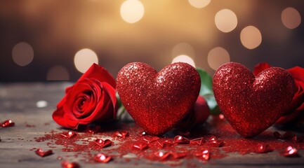 Red roses are placed on a heart shaped backdrop, in the style of bokeh panorama.