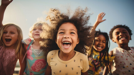 Group of diverse cheerful fun happy multiethnic children outdoors in the sunshine - obrazy, fototapety, plakaty