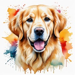 Watercolor cream golden retriever dog with watercolor splashes