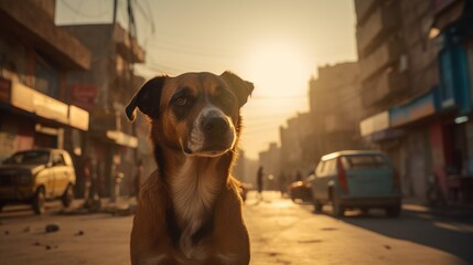 a portrait of street dog on the morning time, urban resilience, animal welfare