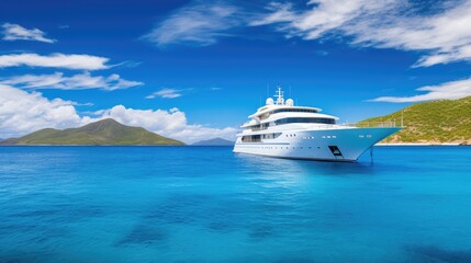 a luxurious yacht against the backdrop of the deep blue sea and sky, adventure and relaxation