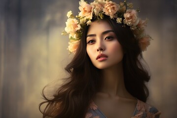 Obraz na płótnie Canvas beautiful asian model adorned with a floral crown, fashion editorials, beauty campaigns