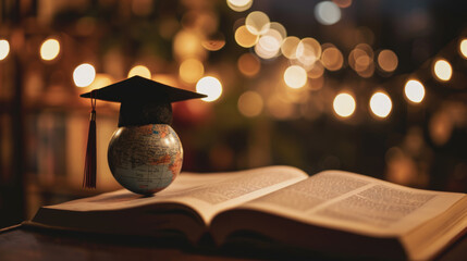 Miniature globe with a graduation cap on top, placed on an open book.