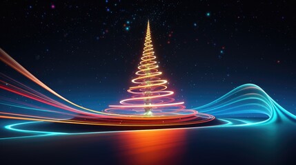 neon trails swirls forming a Christmas tree, digital art, digital greetings, and visual displays