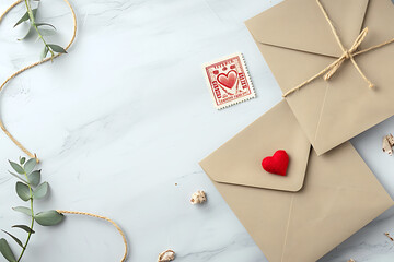 Love Letter Concept with Vintage Stamp, Romantic Red Rose, Elegant Envelopes, old letter with rose