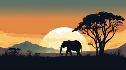 silhouette of a mountain landscape adorned with a lone tree, tall grass, and elephant