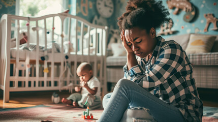 Distressed young woman sitting on the floor with her head in her hands, with a crib and children's toys in the background, suggesting a sense of overwhelming stress or exhaustion related to childcare. - obrazy, fototapety, plakaty
