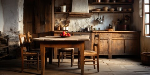 Rustic kitchen with worn old table.