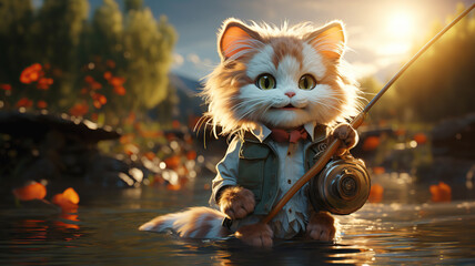 cartoon character a fisherman cat with a fishing rod catches fish in a lake river in water in summer morning