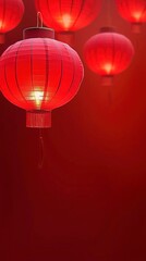Obraz premium Chinese red lantern suspended against red background stock photo.