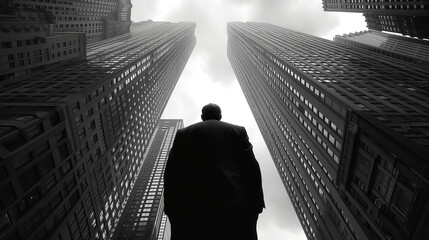 person stands looking up at the towering skyscrapers reaching into a cloudy sky in a monochrome cityscape
