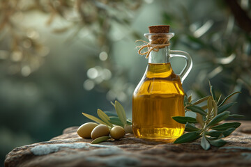 Bottle of premium olive oil is on the table