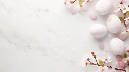 Joyful Easter Celebration with Colorful Eggs and Cherry Blossoms on White Marble Background, Top View