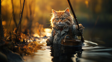 cartoon character a fisherman cat with a fishing rod catches fish in a lake river in water in summer morning - obrazy, fototapety, plakaty