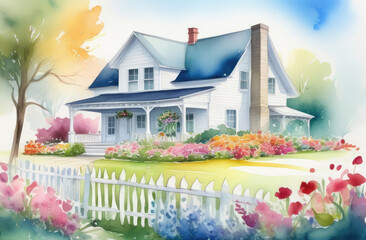 greeting card watercolor illustration of cozy house and garden around it in pleasant neighborhood