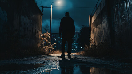 Mann steht in einer dunklen Gasse neben einer Straßenlaterne alles wirkt düster - obrazy, fototapety, plakaty