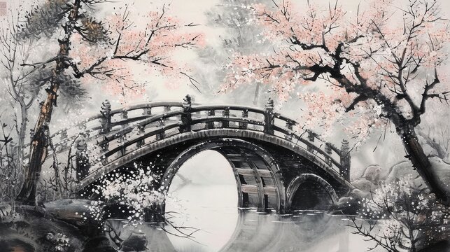 Japanese painting of a semicircular bridge in a garden full of flowers, AI generated Image