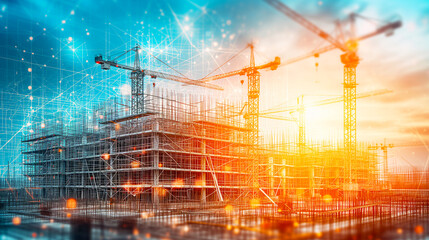 vibrant construction site with scaffolding and cranes, overlaid with a futuristic digital mesh, symbolizing advanced engineering and technology - obrazy, fototapety, plakaty