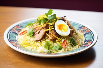 lamb biryani plated with slices of boiled egg